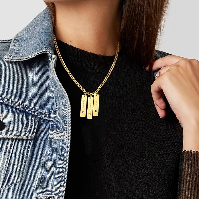 Custom4U Personalized Birthstone Bar Necklaces for Women, Custom Handmade Silver/Black/Gold Vertical Bar Pendants with 1-3 Names Engraved,Unique Memorial Necklace for Her