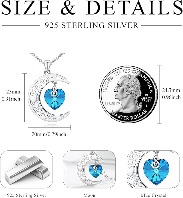 TRISHULA Crescent Moon Necklace 925 Sterling Silver Eye of Horus Animal Moon Pendant with Heart Crystal Birthday Jewelry Gift for Women Christmas Gifts for Her