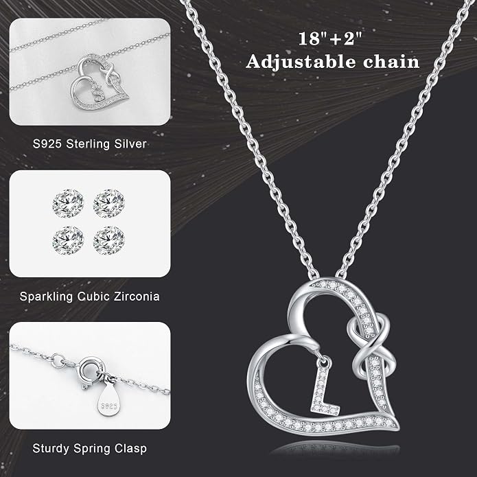 Infinity Heart Necklaces for Women, S925 Sterling Silver Initial Necklace Womens Jewelry Mothers Day Gifts Girls Valentines Gifts for Her Christmas Birthday Gifts for Women Mom Wife Girlfriend