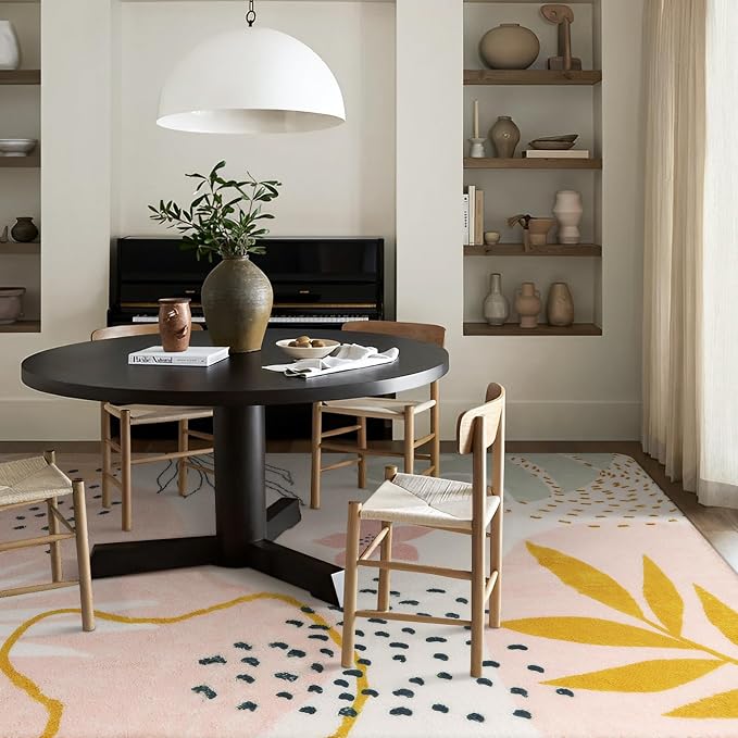 Lahome Pink 10x14 Washable Ultra-Thin Large Area Rug For Living Room, Non Slip Throw Rug For Dining Room, Soft Botanical Print Indoor Rug For Bedroom Office Guest Room