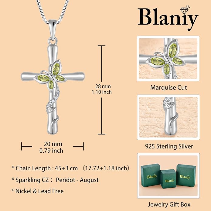 Cross Necklace for Women 925 Sterling Silver Butterfly Necklace Birthstone Pendant Created Gemstone Jewelry Gifts for Women