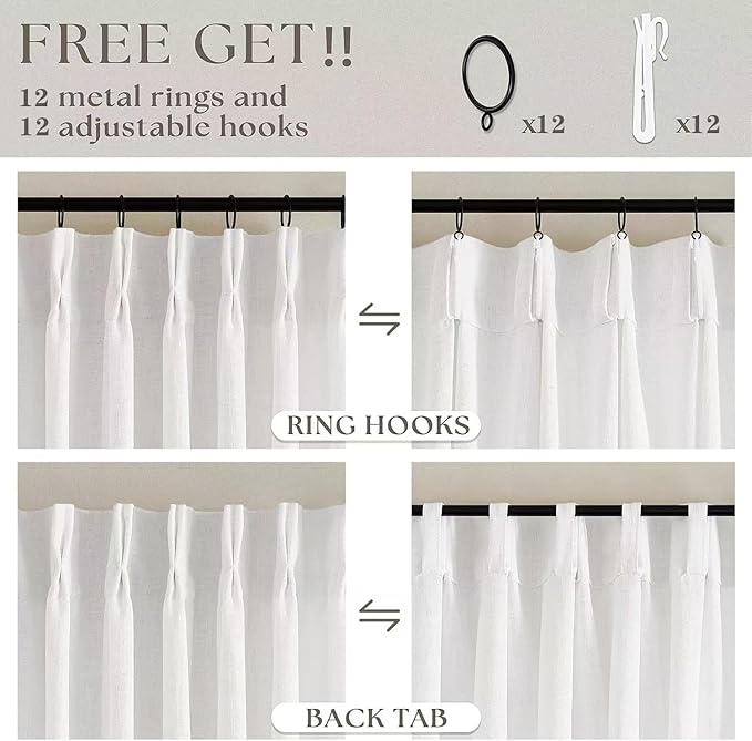 TWODRAPES Extra Wide Linen Curtains 102 Inches Long 70 Inch Wide for Living Room Bedroom Light Filtering Beige Off White Pinch Pleated Curtains Hooks Rings Back Tab for Sliding Door 1 Panel 70Wx102L