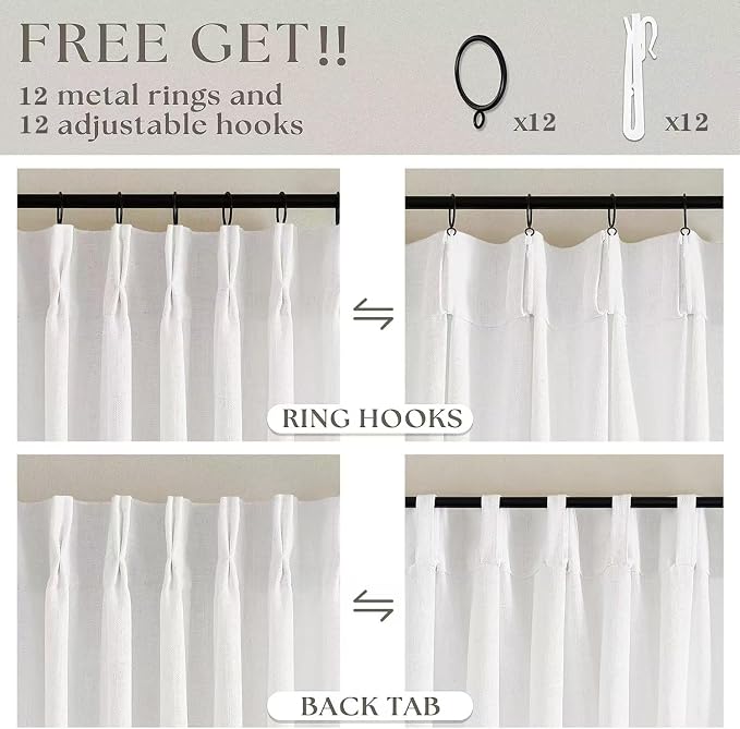 Pinch Pleated Linen 120 Inch Curtains 60 Inch Width for Living Room Light Filtering Ivory Beige White Extra Wide Patio Curtains for Sliding Door Balcony Floor Ceiling Picture Window 60x120 1 Panel