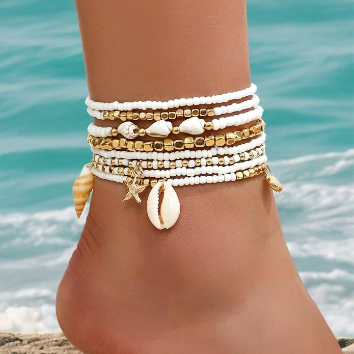 Qceasiy Bead Ankle Bracelets Set For Women, Adjustable Gold Plated Boho Shell Anklet, Hawaiian Beach Seashell Pearl Disc Starfish Conch Foot Jewelry, Summer Fashion Gifts