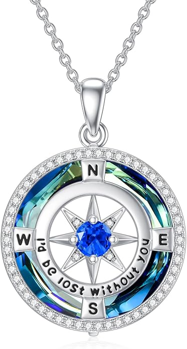 TOUPOP Necklace Gifts for Wife Compass Jewelry Women Anniversary Girlfriend Birthday Gift for Her Valentines I'd be Lost without You Sterling Silver Birthstone Necklaces