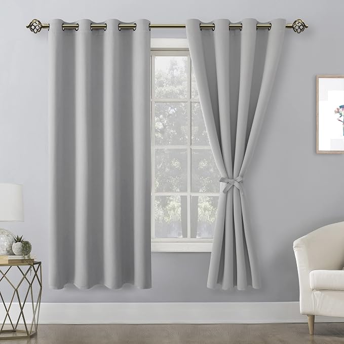 Hiasan Blackout Curtains for Bedroom, 52 x 63 Inches Length - Thermal Insulated & Light Blocking Window Curtains for Living Room, 2 Drape Panels Sewn with Tiebacks, Silver Grey