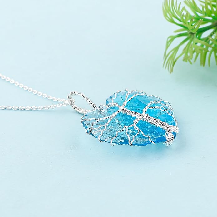 Silver Plated Wire Wrapped Pendant Necklace, Sea Glass Stones, Handmade Jewelry, Healing Crystals, Hammered Pendant, Birthday Gift for Women, Adjustable Chain 16+2inch