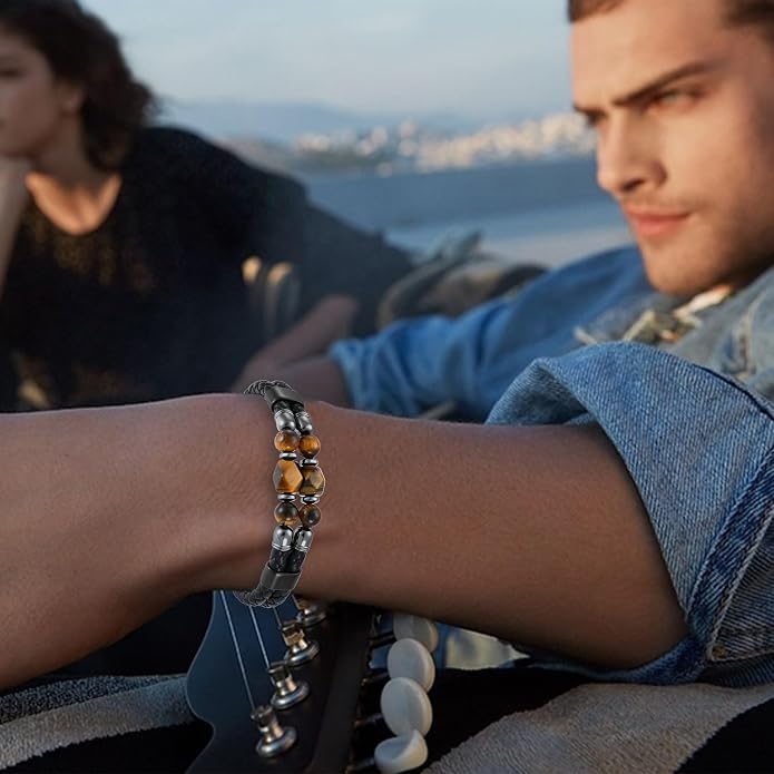 Mens Turquoise/Lapis Lazuli/Tiger Eye/Black Agate/Obsidian Leather Braided Bracelets for Father's Day/Birthdays/Graduation Jewelry Wristband Cuff Bracelet with Stainless Steel Clasp