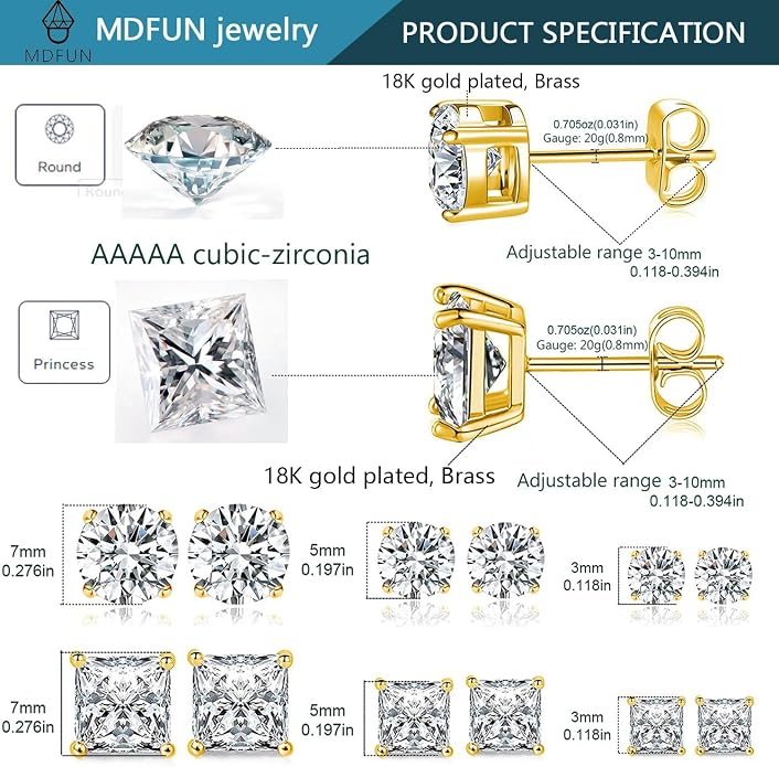 MDFUN 6 Pairs Stud Earrings Set 3mm/5mm/7mm Princess & Round Cubic Zirconia Earrings Hypoallergenic 316L Surgical Stainless Steel CZ Earrings for Women Men