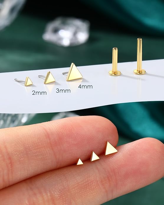 COCHARM 14K Real Gold Helix Tragus Cartilage Piercing Jewelry-Titanium Post-Threadless Tragus Conch Cartilage Earring Stud Flat Back 16g Labret Stud 6mm, 8mm Push Pin Triangle Medusa Jewelry