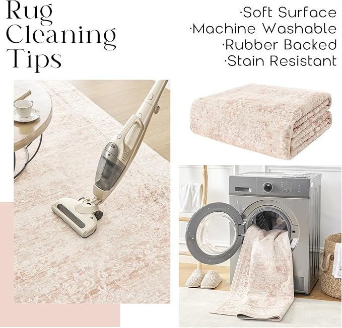Pink Area Rug for Living Room Low Pile Soft 8 x 10 Carpet with Non Slip Washable Neutral Boho Floral Rugs for Hardwood Floor Protector Extra Large Area Rugs 8x10 for Big Nursery Bedroom Livingroom