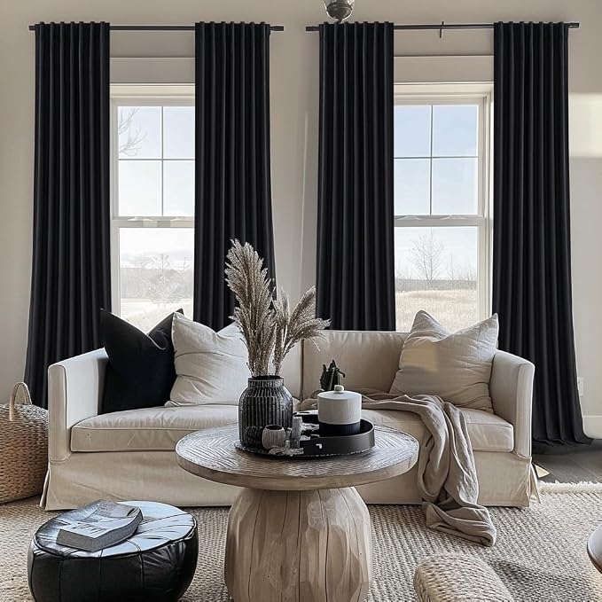 QJmydeco Black Curtains for Bedroom 90 Inch Long 2 Panels Set, Black Out Elegant Curtains for Living Room Windows 48 to 84 Wide Thick Sound Dampening Thermal Pleated Drapes Back Tab (W50 x L90)