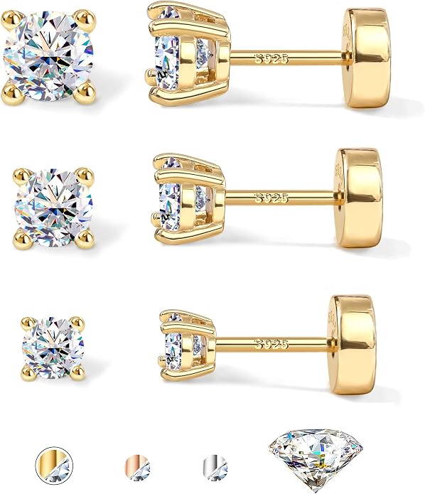 GEMQUEEN 3/4 Pairs Moissanite Earrings Studs 14K Gold Plated S925 Sterling Silver Flat Back Earring for Women Men - Hypoallergenic Set Cartilage Helix Piercing Jewelry Trendy D Color VVS1