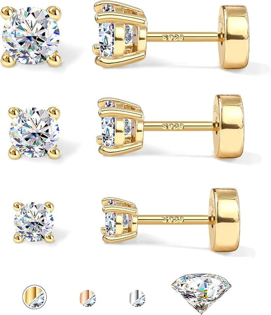 GEMQUEEN 3/4 Pairs Moissanite Earrings Studs 14K Gold Plated S925 Sterling Silver Flat Back Earring for Women Men - Hypoallergenic Set Cartilage Helix Piercing Jewelry Trendy D Color VVS1