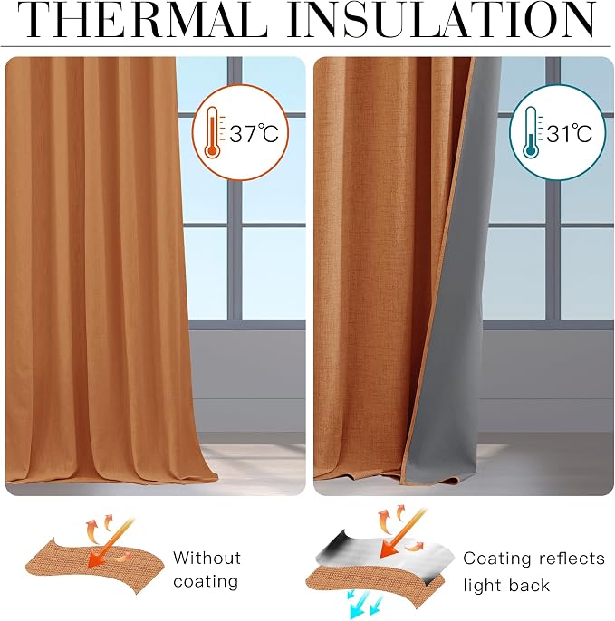 RYB HOME Burnt Orange Total Blackout Curtains Linen Texture, Fall Curtains for Bedroom/Living Room/Sliding Door, Thermal Insulated Boho Farmhouse Home Decor, Luxury Privacy Drapes, W52xL96, 2 Panels