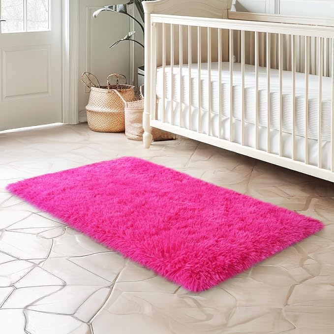 qulint 2x3 Rug for Bedroom, Hot Pink Fluffy Area Rugs for Living Room | Soft Shag Rug for Girls Bedroom, Fuzzy Shaggy Plush Small Carpet for Kids Dorm Nursery Classroom Home Decor
