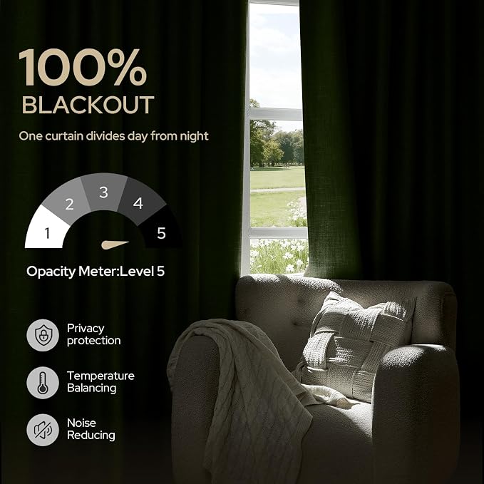 HOMEIDEAS 100% Blackout Faux Linen Olive Green Curtains，Modern Farmhouse Luxury Winter Curtains 84 Inches Long 2 Panels, Rod Pocket & Back Tab for Boho Vintage Living Room,Bedroom Decor