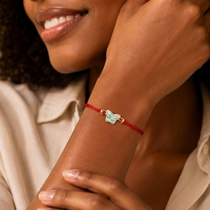 Red String Bracelet for Women, Genuine Abalone Shell Butterfly Charm, Handwoven Adjustable Cord, 14K Gold Filled Accent, Minimalist Friendship Jewelry Gift