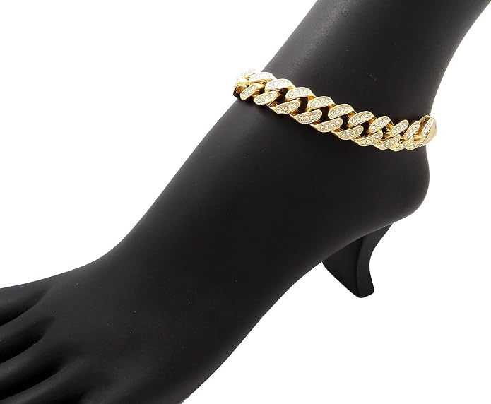 Fashion 21 Women's Stone Filled 12mm 9.5" Box Lock Cuban Chain Anklet (12mm 12" Stone Filled/Lobster Clasp)
