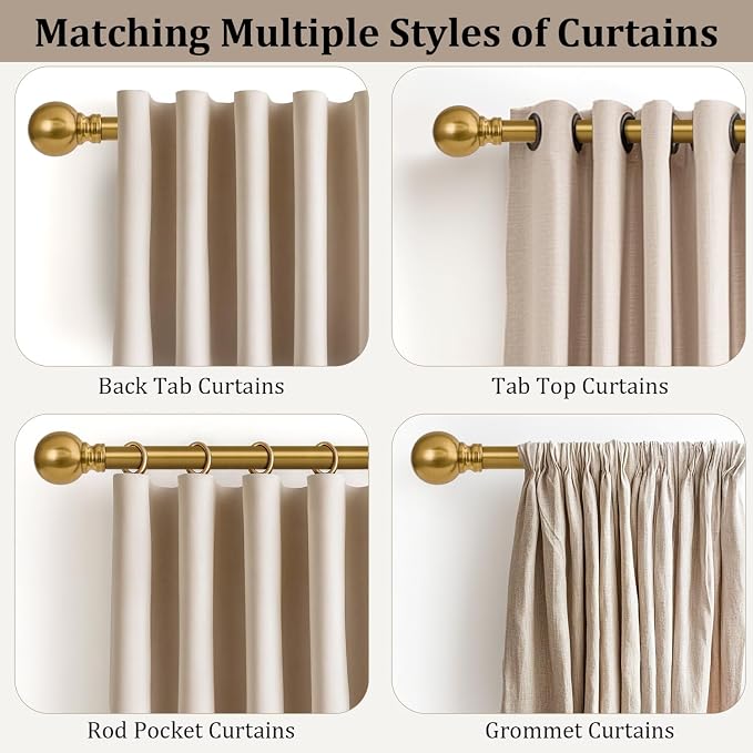 Modern Gold Curtain Rods for Windows 28 to 48 Inch 1" Diameter Adjustable | Heavy Duty Brass Window Curtain Rod with Metal Finials for Living Room Bedroom Farmhouse Kitchen Outdoor