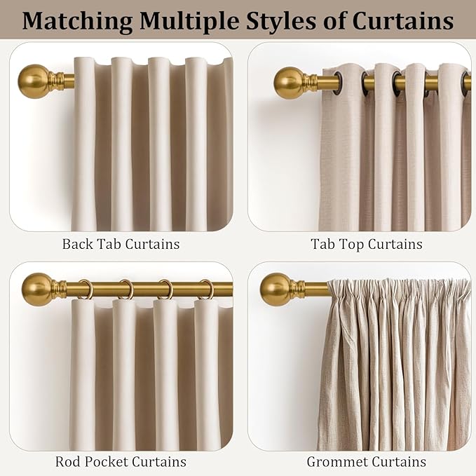 Modern Gold Curtain Rods for Windows 66 to 120 Inch Long Heavy Duty Brass | Window Curtain Rod 1" Diameter Adjustable with Metal Finials for Living Room Bedroom Farmhouse Kitchen Outdoor