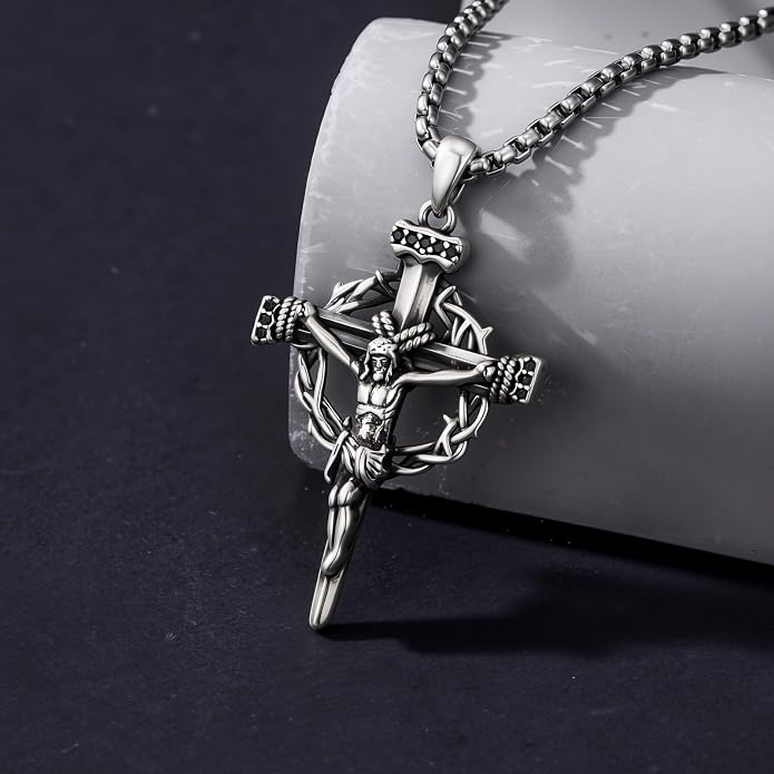Crown of Thorns Necklace for Men 925 Sterling Silver Nail Cross Necklace Pendant Religious Christian Jewelry Valentines Day Gifts for Men