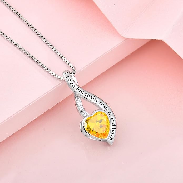 I Love You to The Moon and Back Necklace for Women, 925 Sterling Silver Heart Birthstone Pendant Necklace Jewelry Anniversary Birthday Gifts for Girls Women Wife Mom Daughter