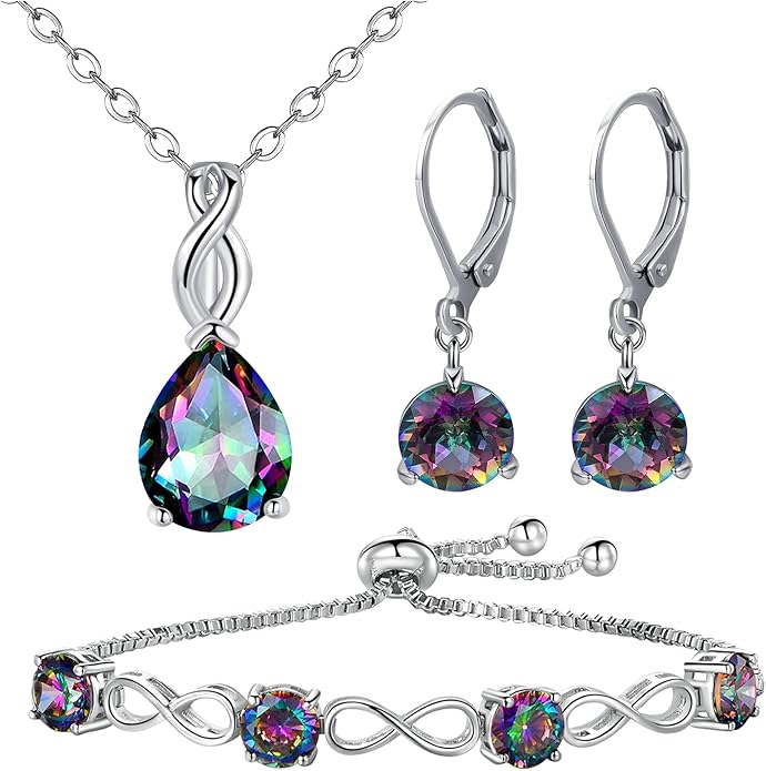 VOLUKA Created Opal/Amethyst/Mystic Topaz Pendant Necklace for Women,18K White/Rose Gold Plated Chain Wedding Engagement Jewelry Gift