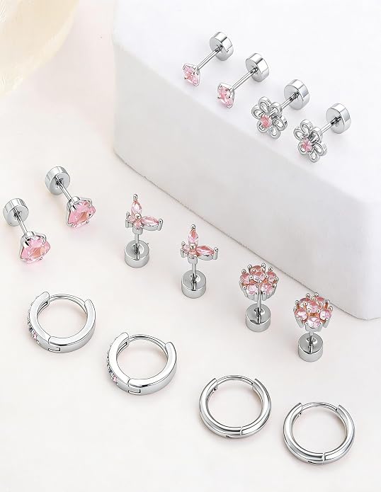 AKEOQI 10 Pairs Hypoallergenic Flat Back Earrings Gold Silver Plated Surgical Steel Small Stud Huggie Hoop Earring for Women Butterfly Flower Heart Bow Pink CZ Stack Cartilage Earrings Set 20G 10 MM