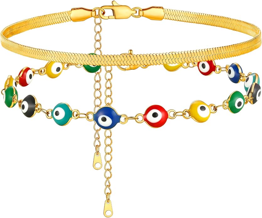Supcare Evil Eye Anklets for Women,Cuban/Figaro/Mariner/Snake Chain Layered Ankle Bracelet Gifts (with Gift Packing)
