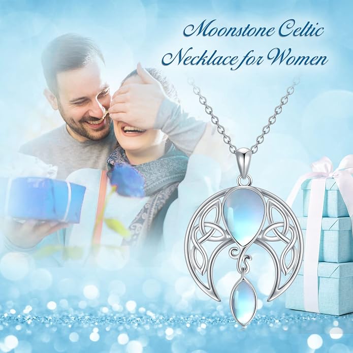 AOBOCO Sterling Silver Celtic Crescent Moon Goddess Pendant Irish Good Luck Necklace with Birthstone Crystal, Celtic Moon Jewelry Gift for Women Mom Wife