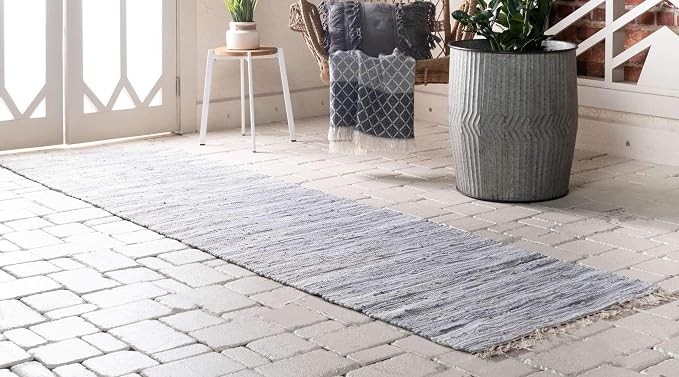 Unique Loom Chindi Cotton Collection Soft Hand Woven Natural Fiber Striped Area Rug, 2 ft 7 in x 9 ft 10 in, Gray/Ivory