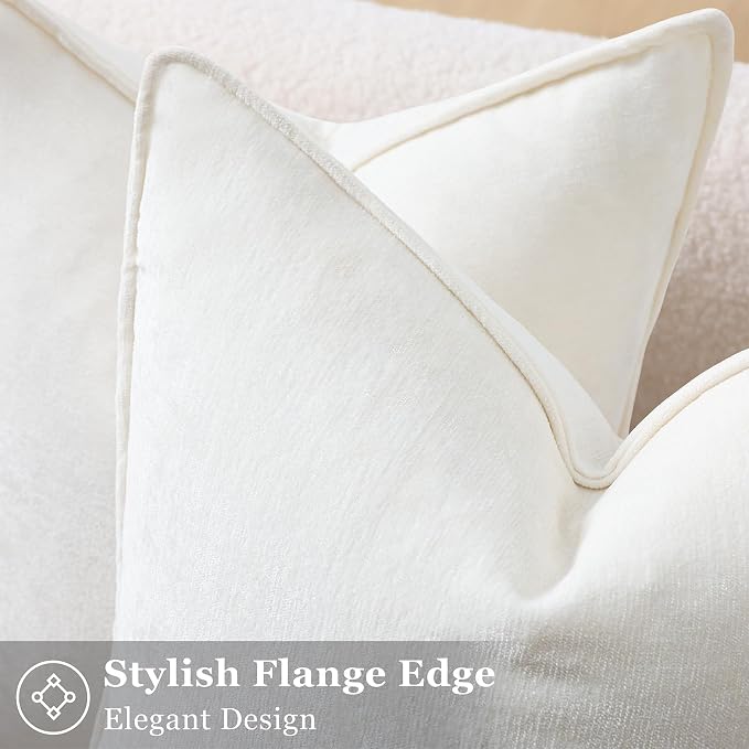 decorUhome Chenille Cream White Velvet Throw Pillow Covers 26x26 Set of 2 | Fall Soft Euro Sham Couch Decorative Modern Farmhouse Pillow Cases with Elegant Design for Sofa Bed Living Room Home Decor