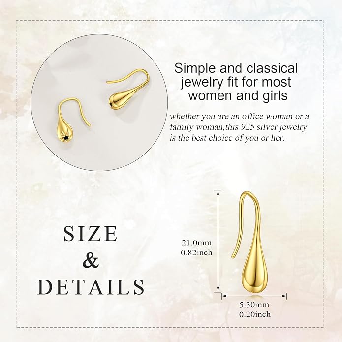 Pull Through Teardrop Dangle Earrings 925 Sterling Silver Simple Water Drop Earrings Birthday Mother's Day Christmas Gifts for Women