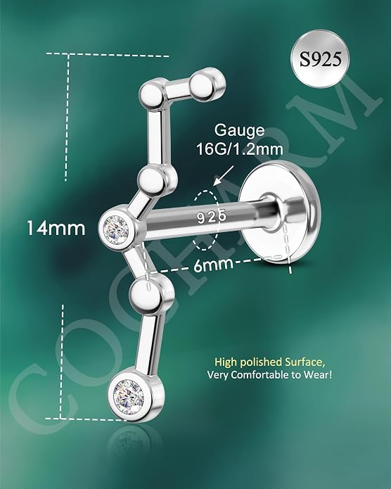 COCHARM 925 Sterling Silver Cartilage Helix Earring Stud 16g 6mm 8mm Flat Back Helix Piercing Jewelry Constellation Cartilage Jewelry for Women Man