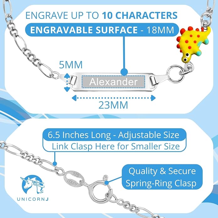 UNICORNJ 925 Italy Sterling Silver Child or Baby Name Bracelet Girls Boys, Personalized Engraved Kids ID Bracelets, 6.5" Figaro Chain, Enamel Charm Newborn Infant Toddler Kid Jewelry