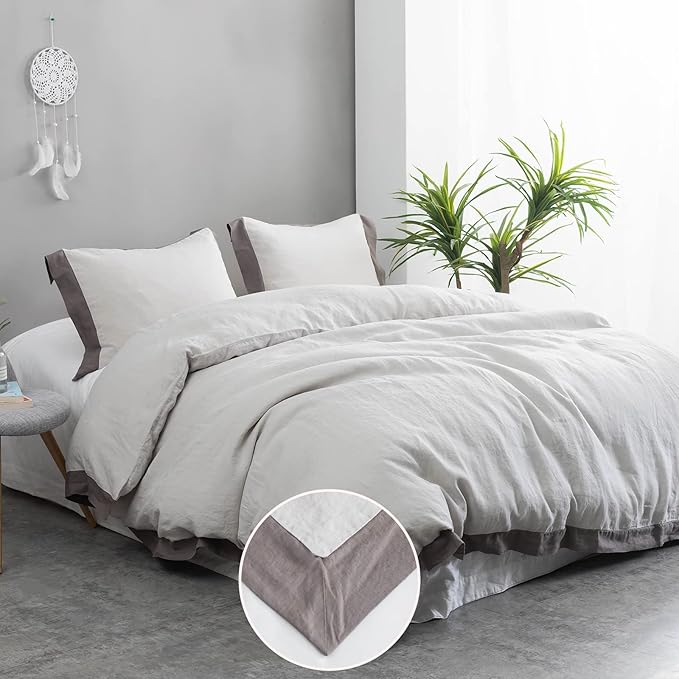 Simple&Opulence 100% Linen Duvet Cover Set with Washed French Flax-Full Size(78"x 86")- 3 Pieces (1 Comforter Cover,2 Pillowshams) Basic Border Design Premium Bedding Set Breathable,Grey and Brown