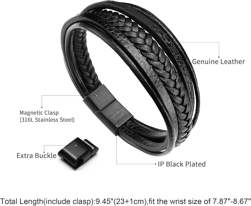 murtoo Mens Leather Bracelet with Clasp Cowhide Multi-Layer Braided Leather Mens Bracelet