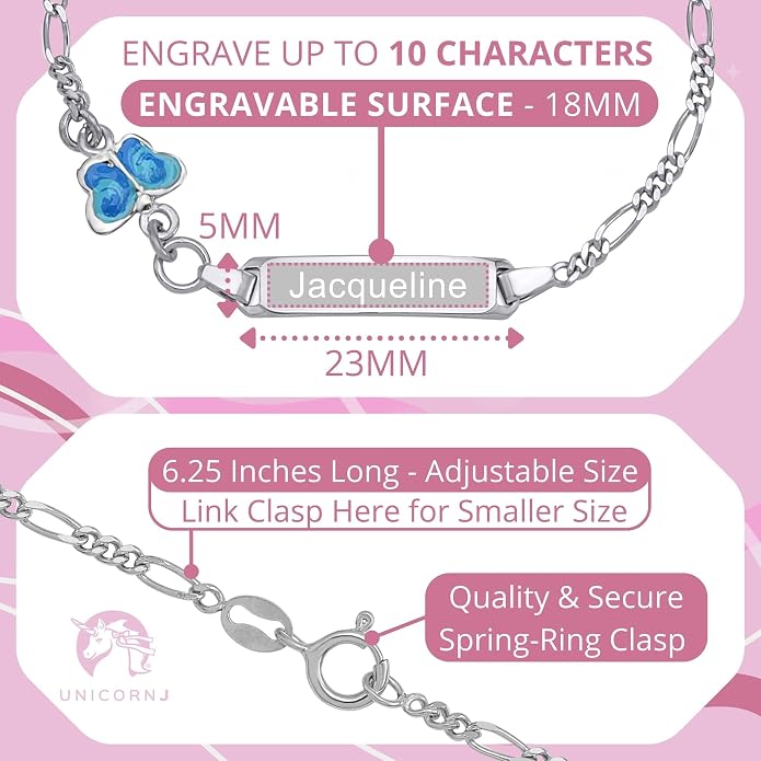 UNICORNJ 925 Italy Sterling Silver Child or Baby Name Bracelet Girls Boys, Personalized Engraved Kids ID Bracelets, 6.5" Figaro Chain, Enamel Charm Newborn Infant Toddler Kid Jewelry