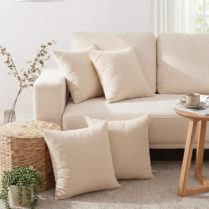 Set of 4 Khaki Throw Pillow Covers 24x24 Inch, Neutral Boho Farmhouse Aesthetic Decorative Pillow Cases for Couch, Sofa, Living Room & Bed, Soft Chenille Pillow Cases, Stylish Home Decor, 60x60 cm