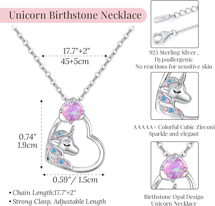 CDE Christmas Gift for women Cute Unicorn Birthstone Necklace for Girls Daughter 925 Sterling Silver Opal Heart Pendant Graduation Birthday Christmas Jewelry Gift for Teenage Girls Niece