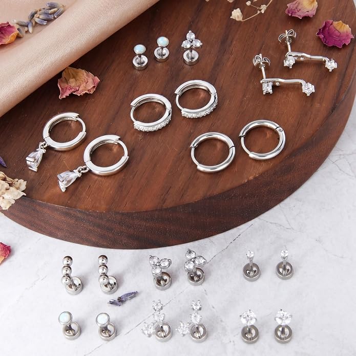 Stainless Steel Stud Earrings Set for Women Hypoallergenic Flat Back Cartilage Earrings Screw Back Huggie Hoop Earrings Multiple Piercing Cubic Zirconia Helix Tragus Jewelry