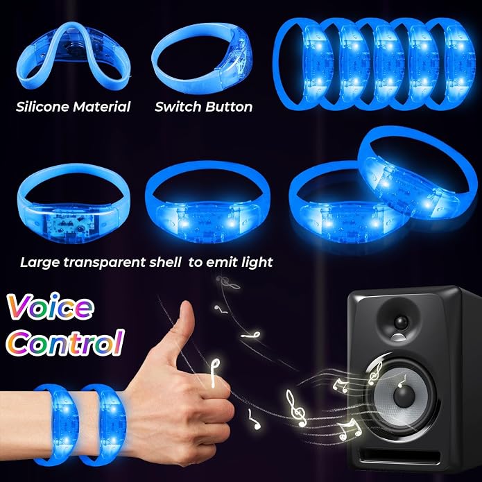 24 Pack Light UP Bracelets Sound Activated Flashing Wristbands Music Control Glow in the Dark Bracelets for Rave Game Prizes Carnival Concerts Night Events Mardi Gras Party Favors
