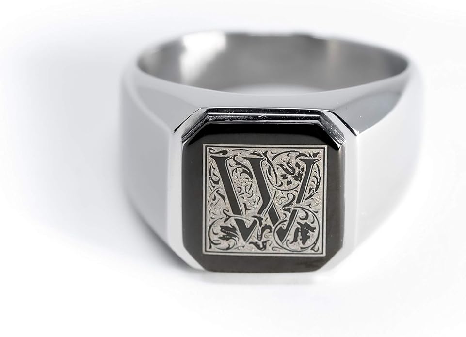 Jewelry | Stainless Steel Letter Alphabet Initial Ring | Square Flat Top Ring for Men & Women | Stainless Steel Jewelry, (Black, Gold, Silver), Size 7-16