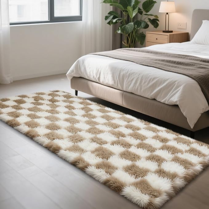 Checkered Rug for Bedroom, 3x5 Beige and White Area Rugs, Classic Checkered Carpets Shag Area Rug, Bedside Rugs for Living Room Bedroom Room Home Decor