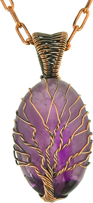Tree Of Life Natural Gemstone Pendant Copper Wire Wrapped Jewelry Necklace