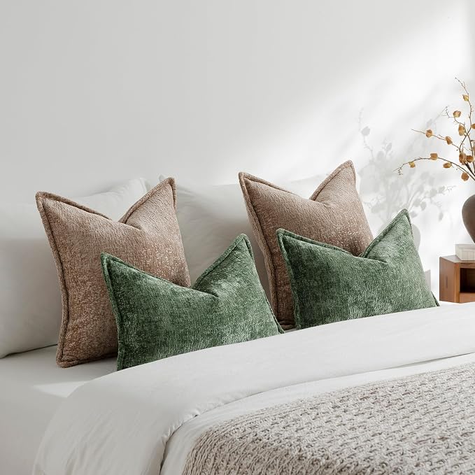 DEZENE Pack of 2 Khaki Decorative Throw Pillow Covers 16x16 Cozy Soft Chenille Accent Vintage Square Couch Pillow Covers for Home Decor Bed Sofa Living Room