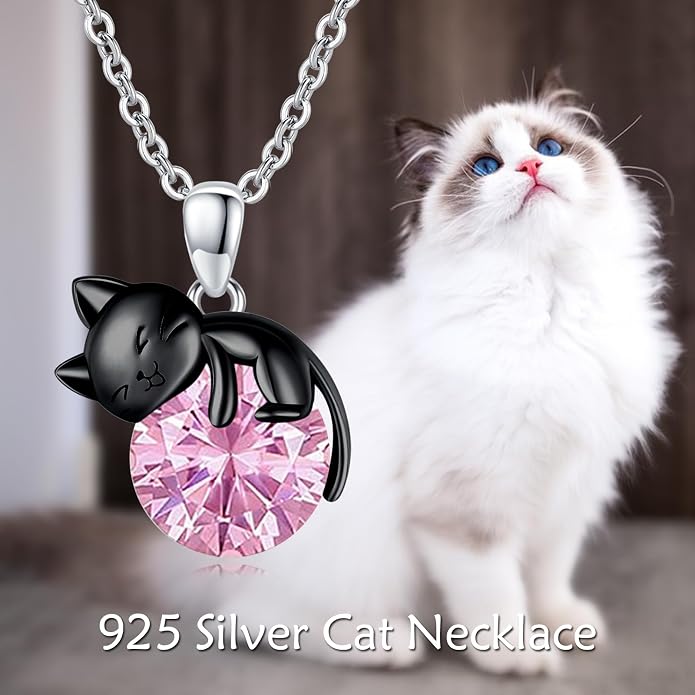 Cat Necklace Sterling Silver Cat Zircon Pendant Gothic Jewelry for Women Animal Lovers Gifts