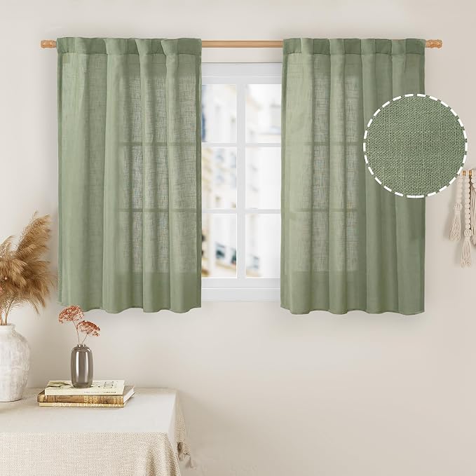 LAMIT Kitchen Linen Curtains 40 Inch Length 2 Panels, Sage Green Semi Sheer Light Filtering Panels Back Tab and Rod Pocket Neutral Drapes for Basement/Window/Loft Room, 34 x 40 Inch