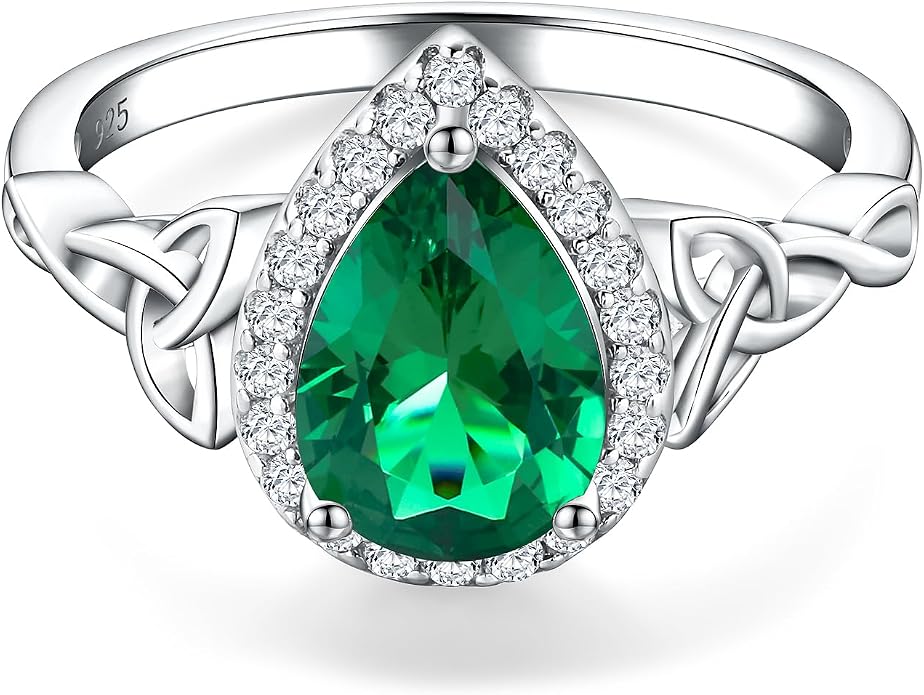 DAYBYDAY Celtic Birthstone Rings for Women 925 Sterling Silver Heart/Round/Pear/Oval Created Gemstone Moissanite Halo Engagement Promise Rings for Her Wife Birthday Anniversary Wedding Jewelry